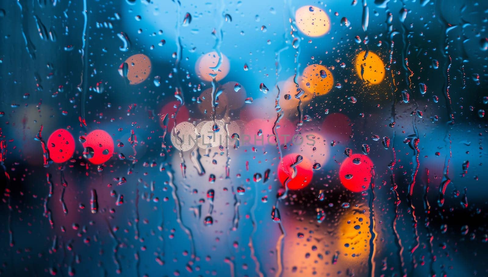 Raindrops on window with city lights bokeh