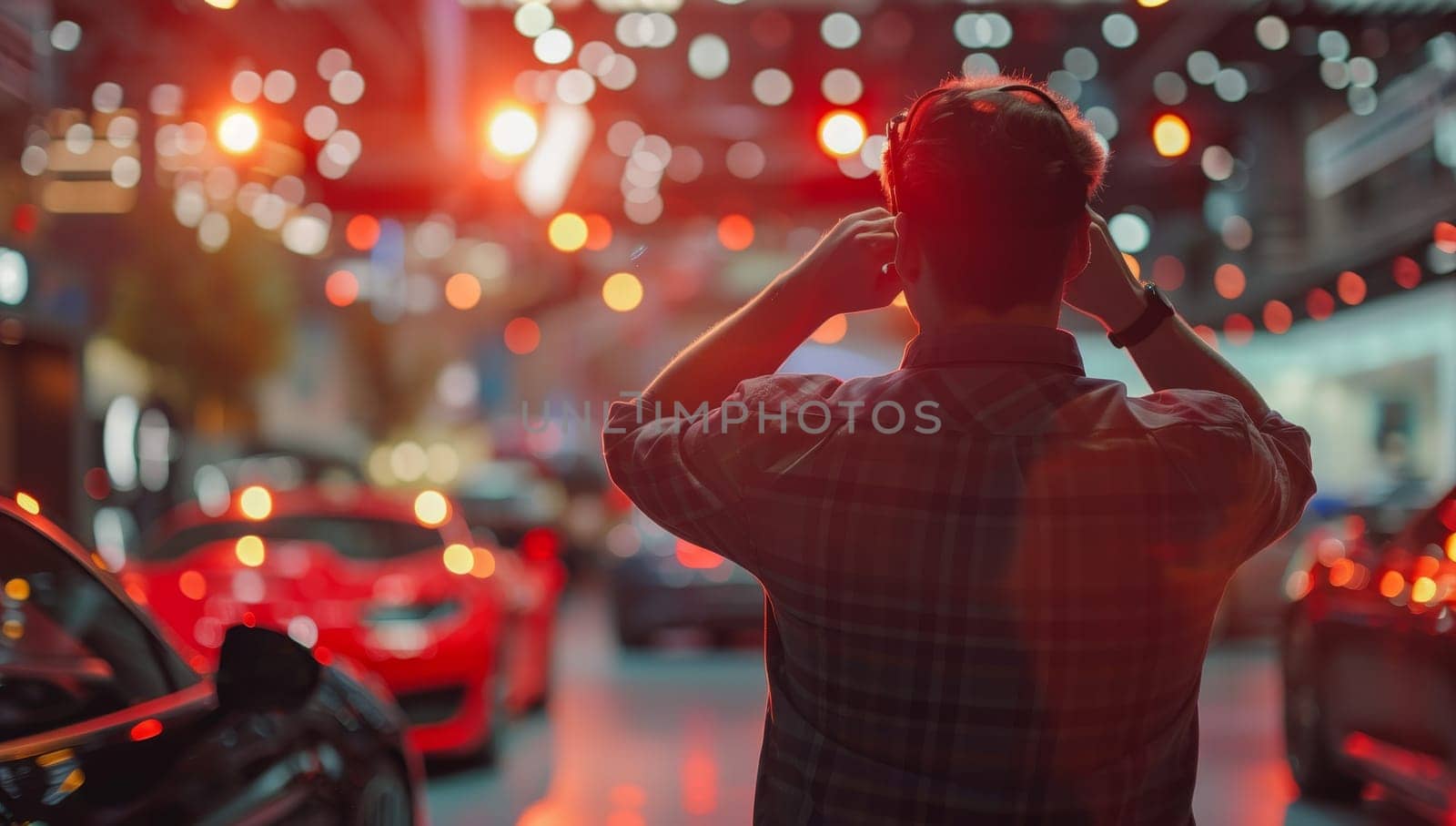 Rear view of a young man in a checkered shirt listening to music with headphones while standing in the city at night