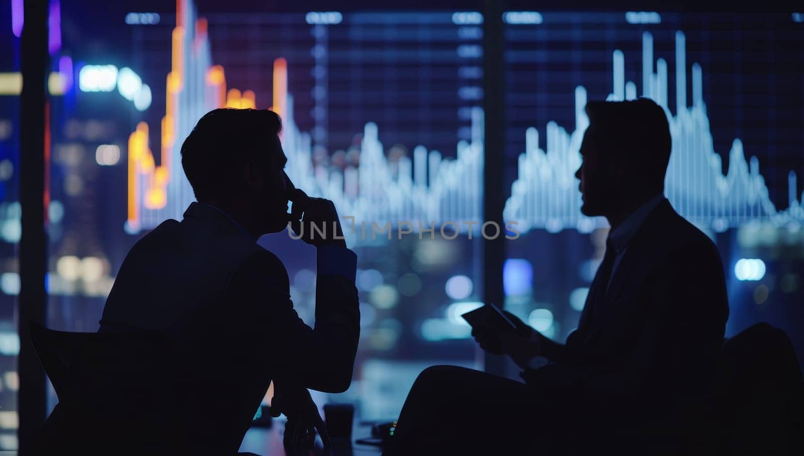 Silhouette of two businessmen discussing business plan at night in office by ailike