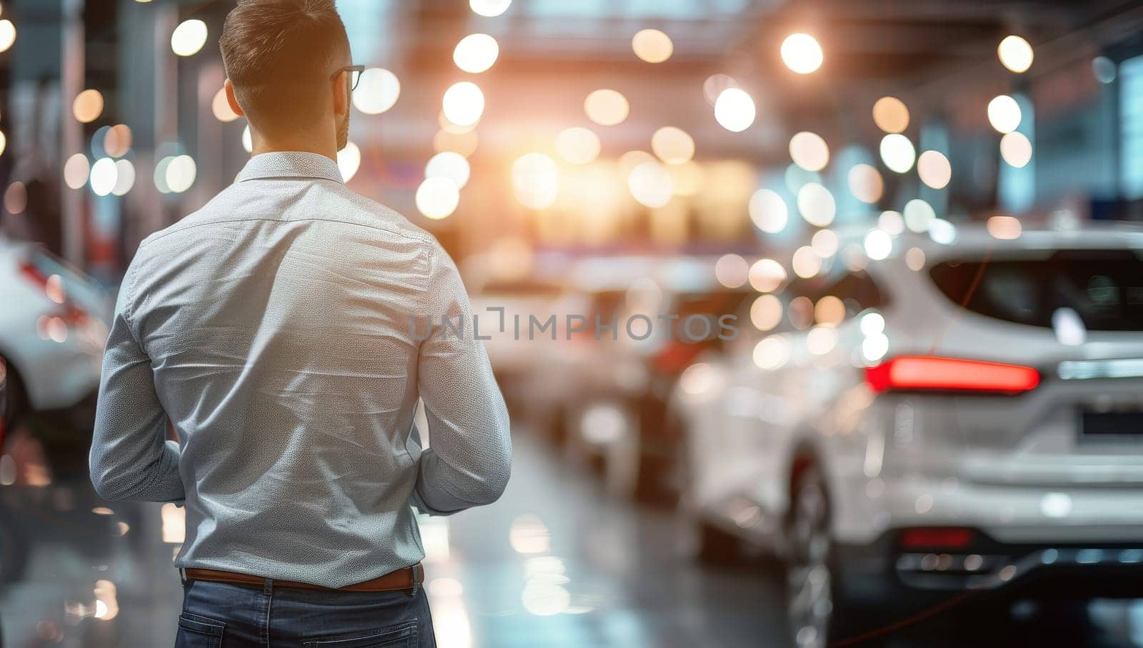 Back view of a man standing in front of cars in the parking lot