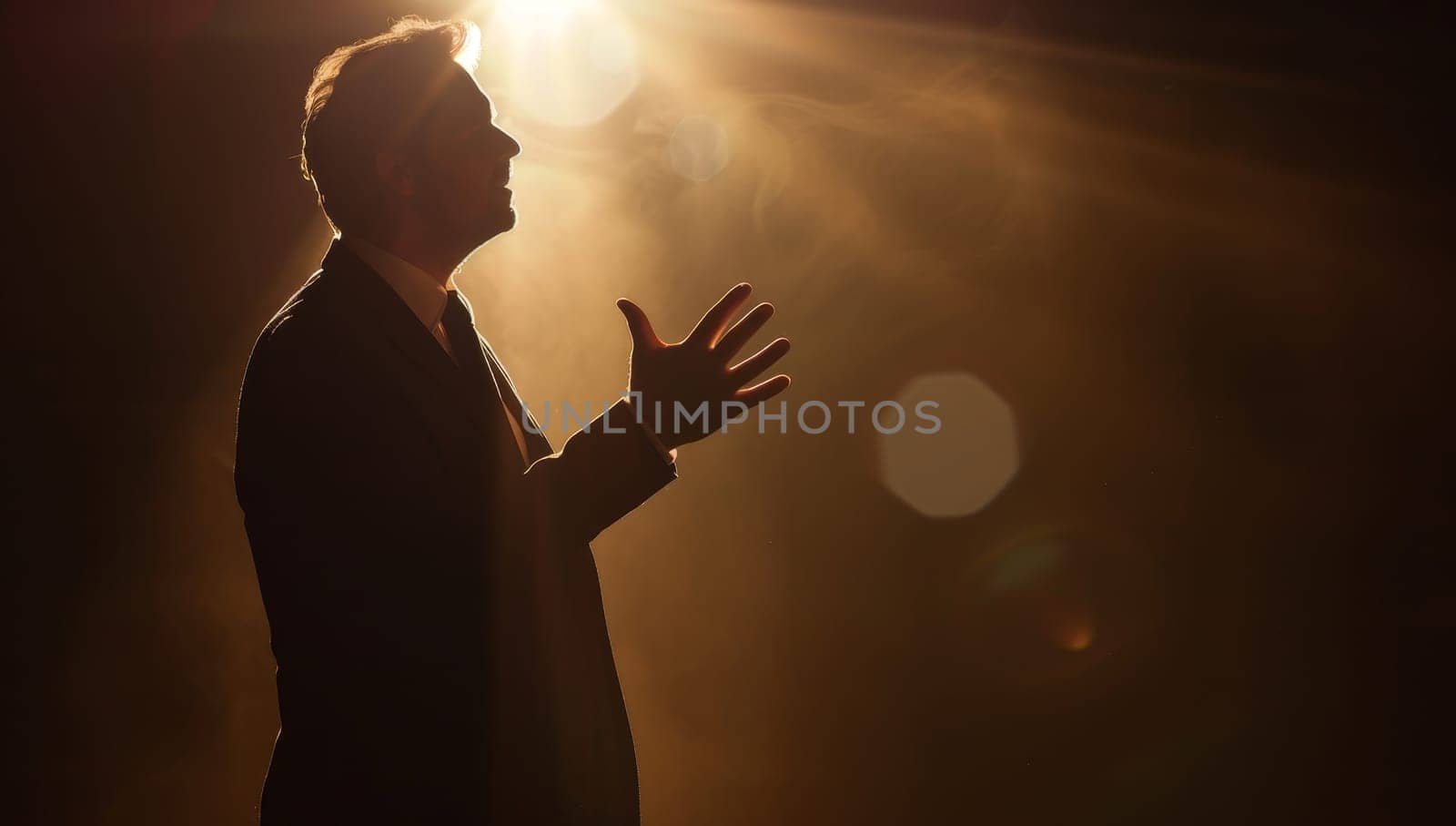 A man in a suit applauds at a concert in the spotlight