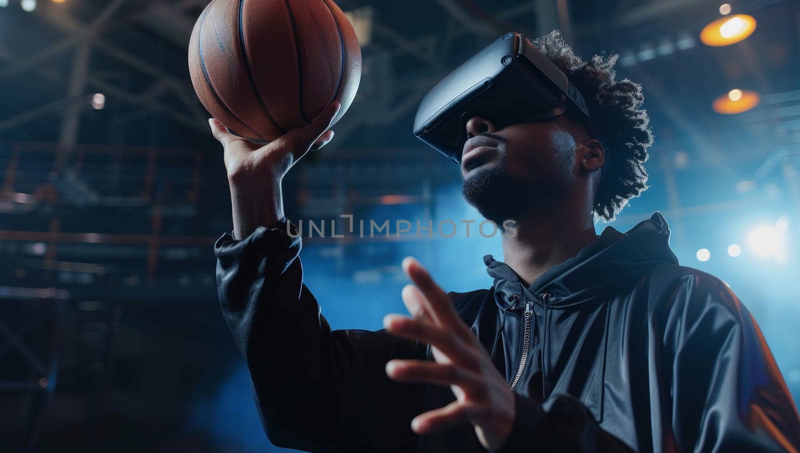 African american man in virtual reality headset playing basketball