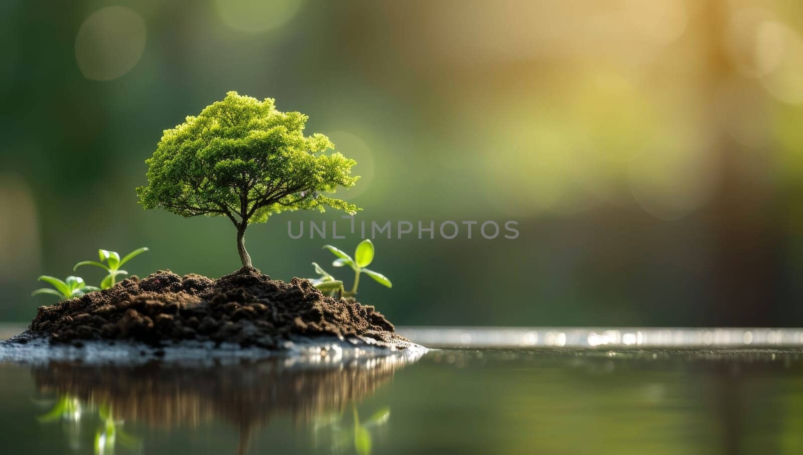 Tree growing from soil on blurred bokeh background, Ecology concept