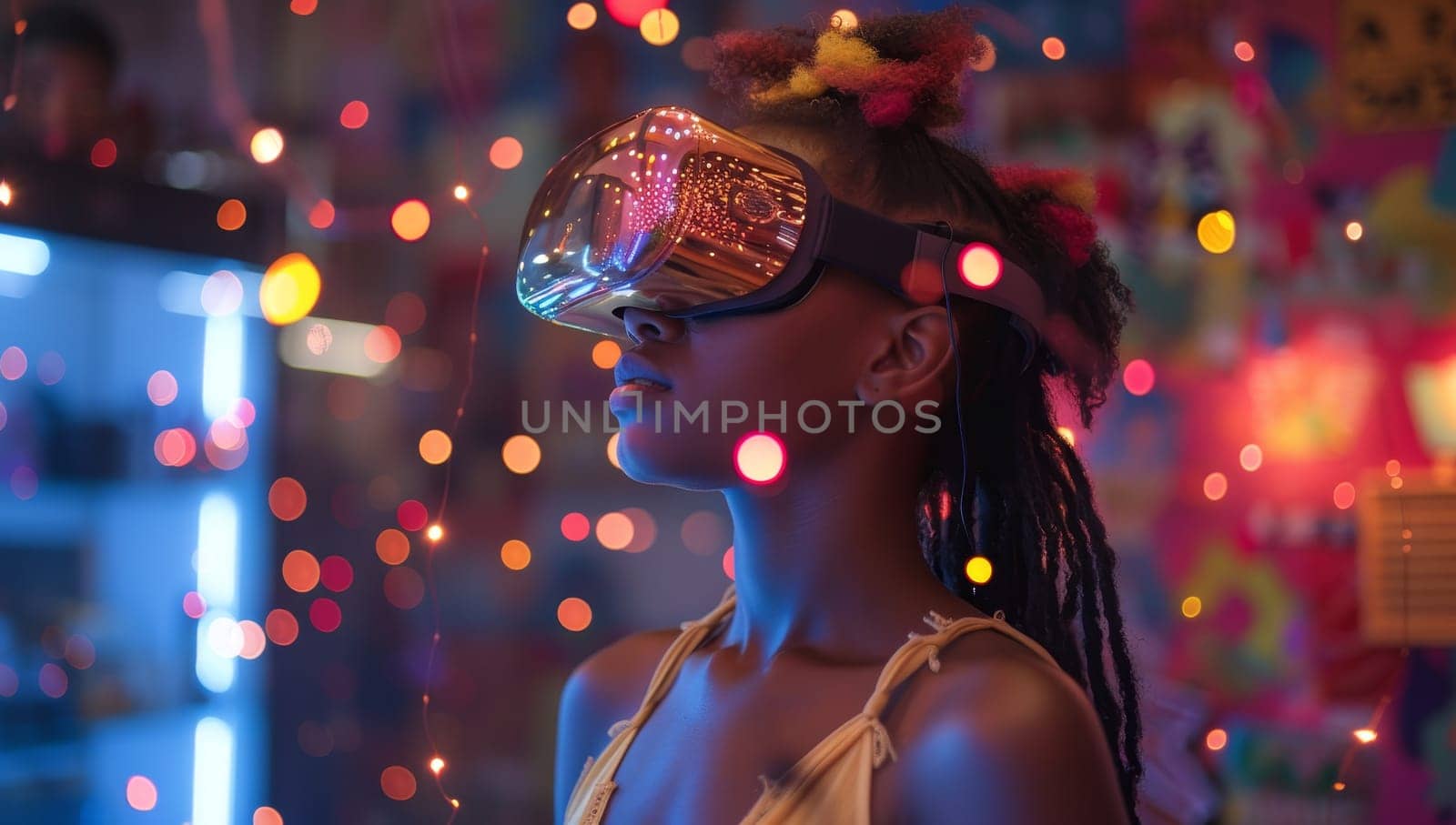 Young african american woman wearing virtual reality goggles