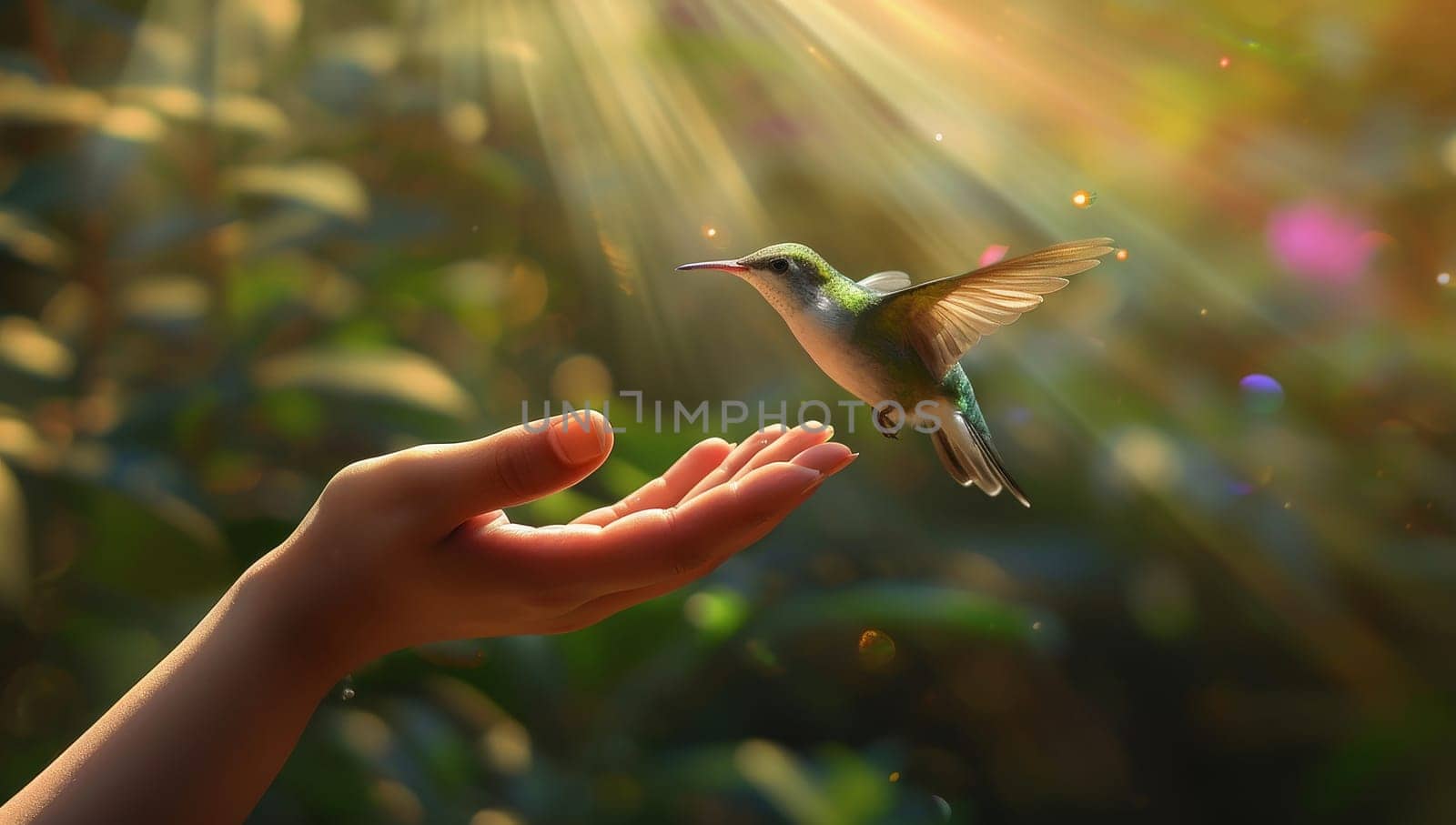 Hummingbird hovering over an outstretched hand amidst sunbeams by ailike