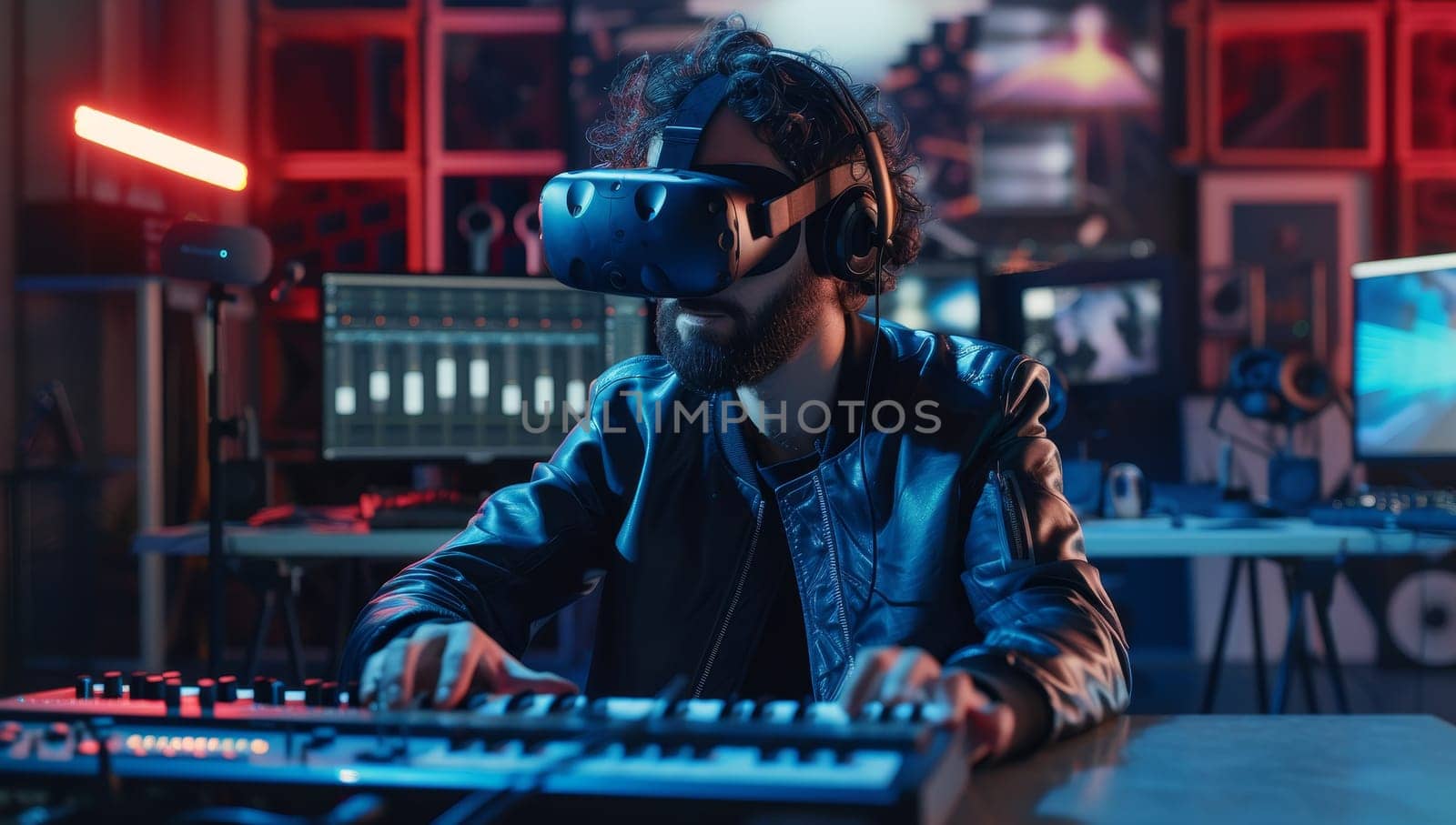 Man playing electronic music in neon lit room with virtual reality headset