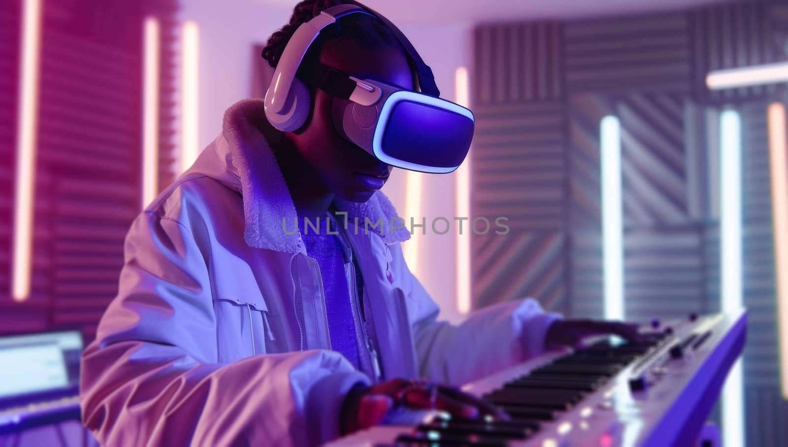 African american male DJ playing electronic music in nightclub with VR headset
