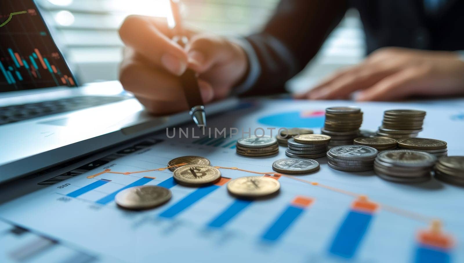 Coins on table with laptop and businesswoman working in background.