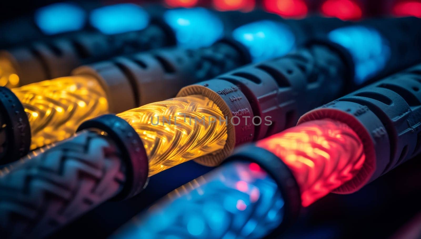 Vibrantly illuminated cable connectors showcasing technology and connectivity.