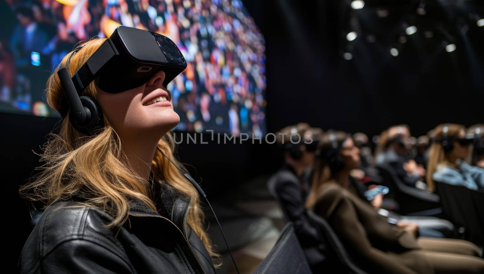 Woman enjoys virtual reality experience in auditorium