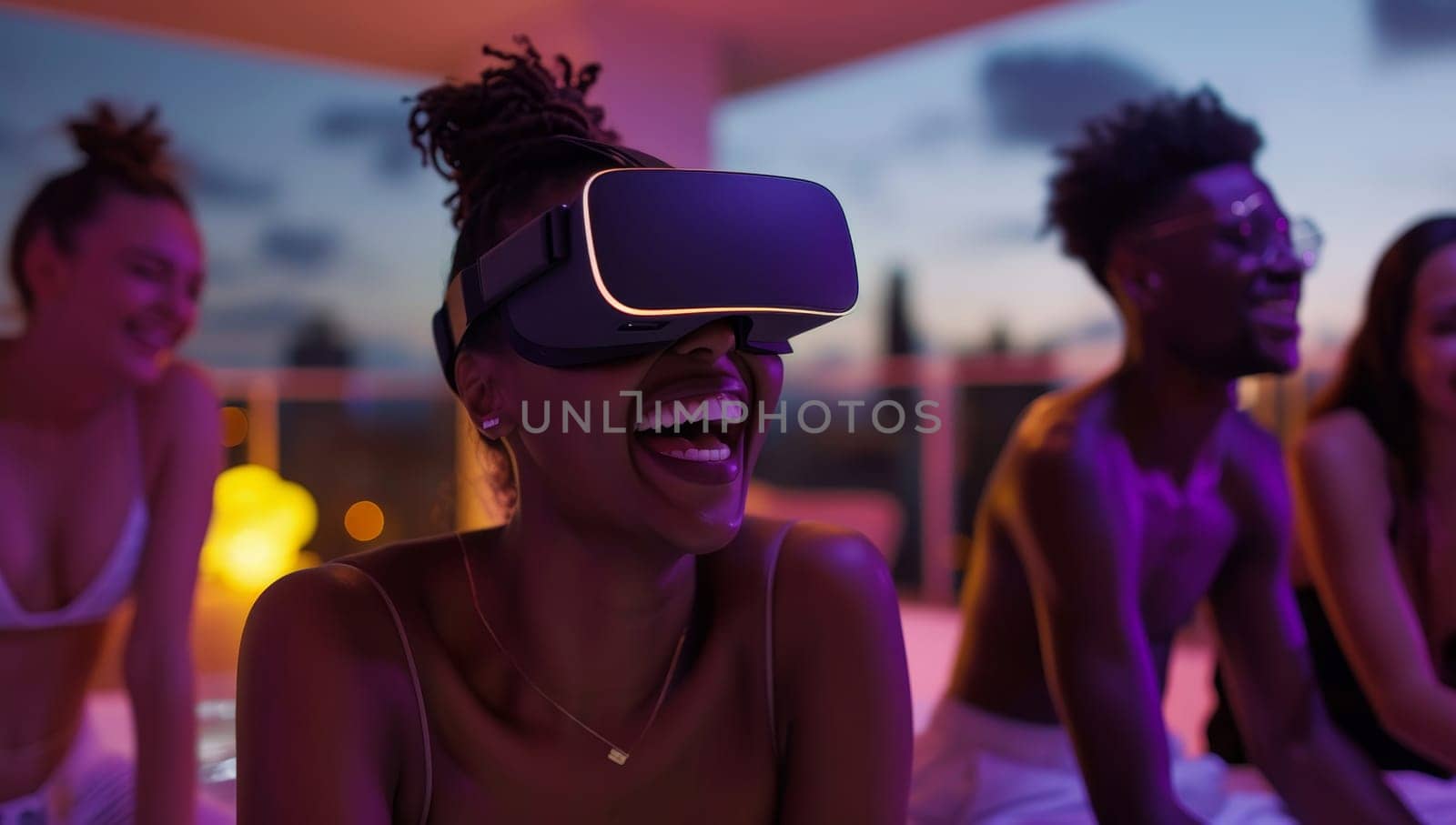 Portrait of smiling african american woman using virtual reality headset in nightclub