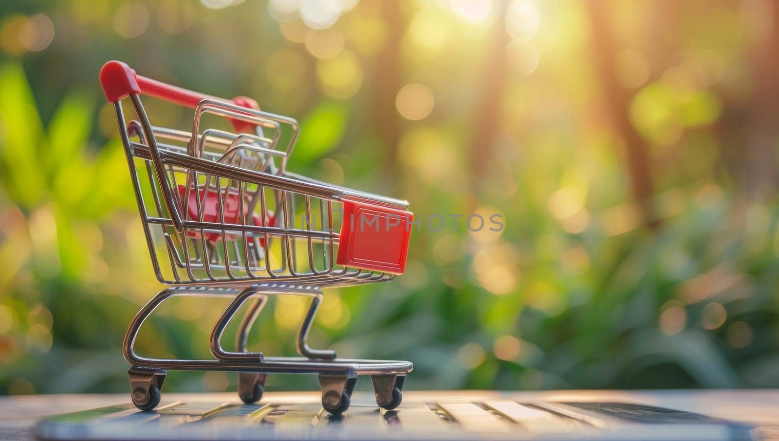 Miniature shopping cart in green nature background, online shopping concept