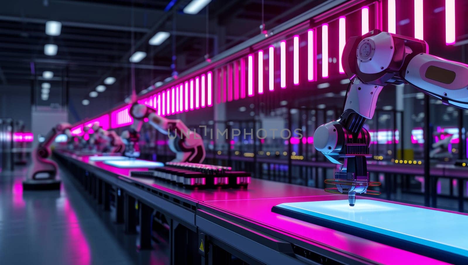 Robotic arms work efficiently in a neon lit modern factory