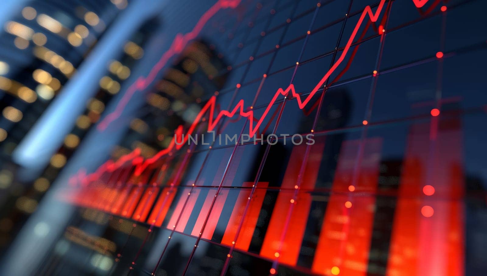 financial chart with stock market graph on the background of the night city