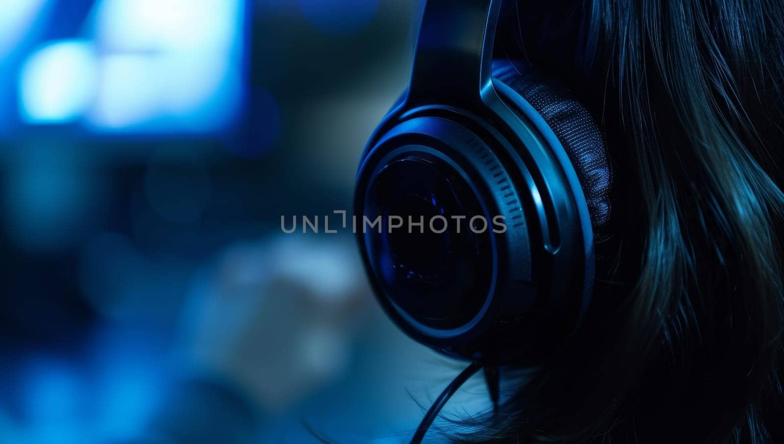 Close up view of a female gamer playing online video games with headphones