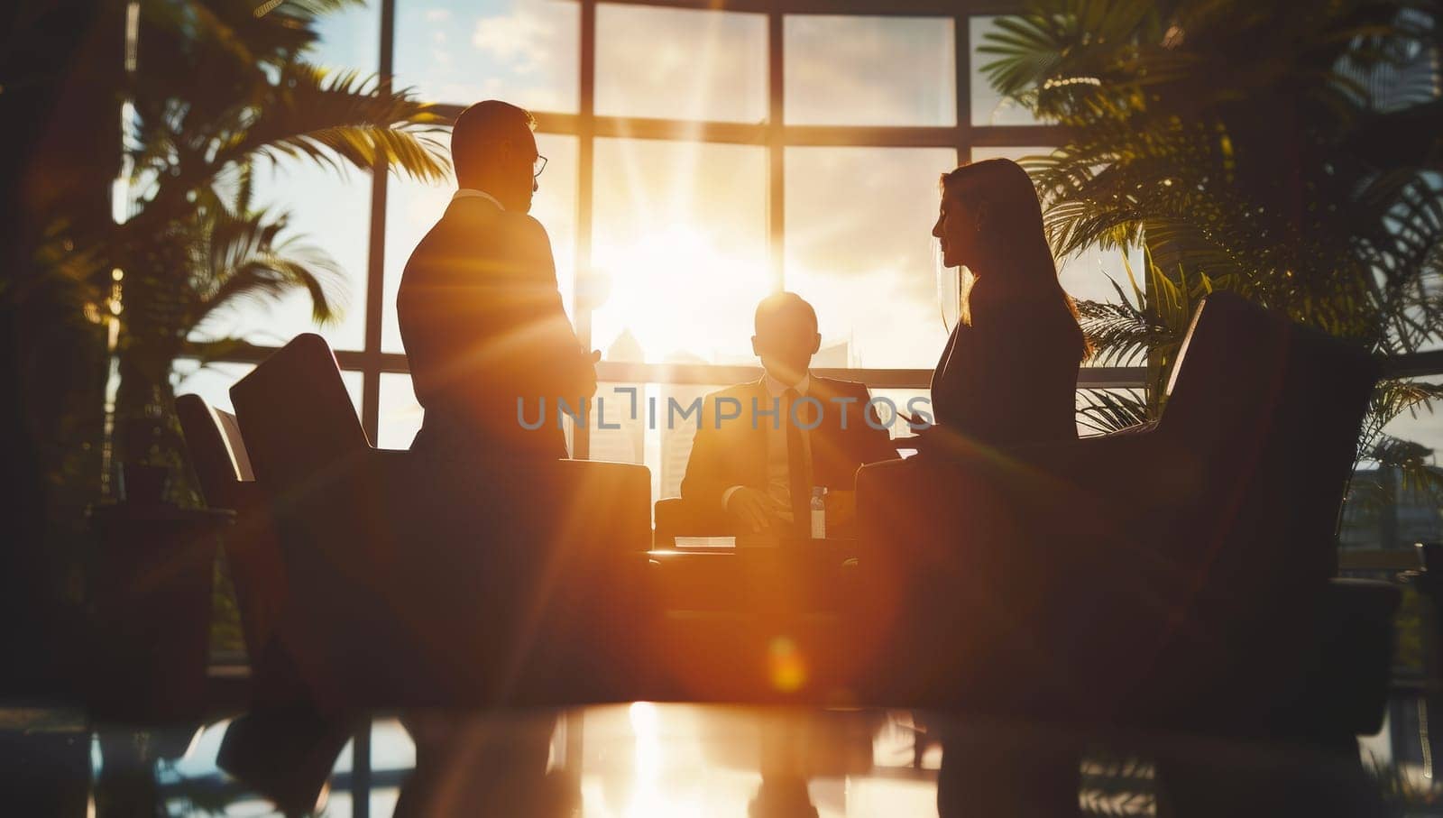 Silhouette of businessman and businesswoman in meeting room at sunset
