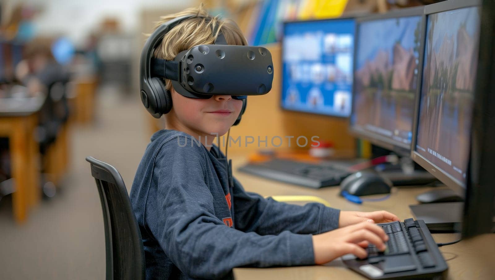 Boy wearing virtual reality goggles in front of a computer monitor in a classroom