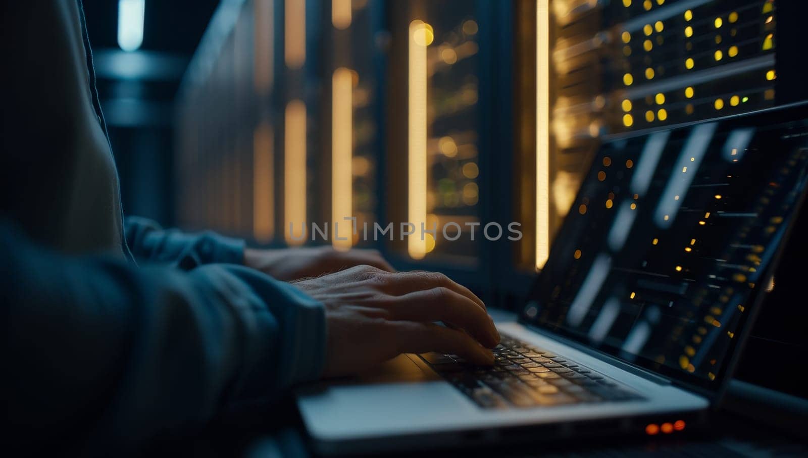 Close-up of a hacker using a laptop in a server room by ailike