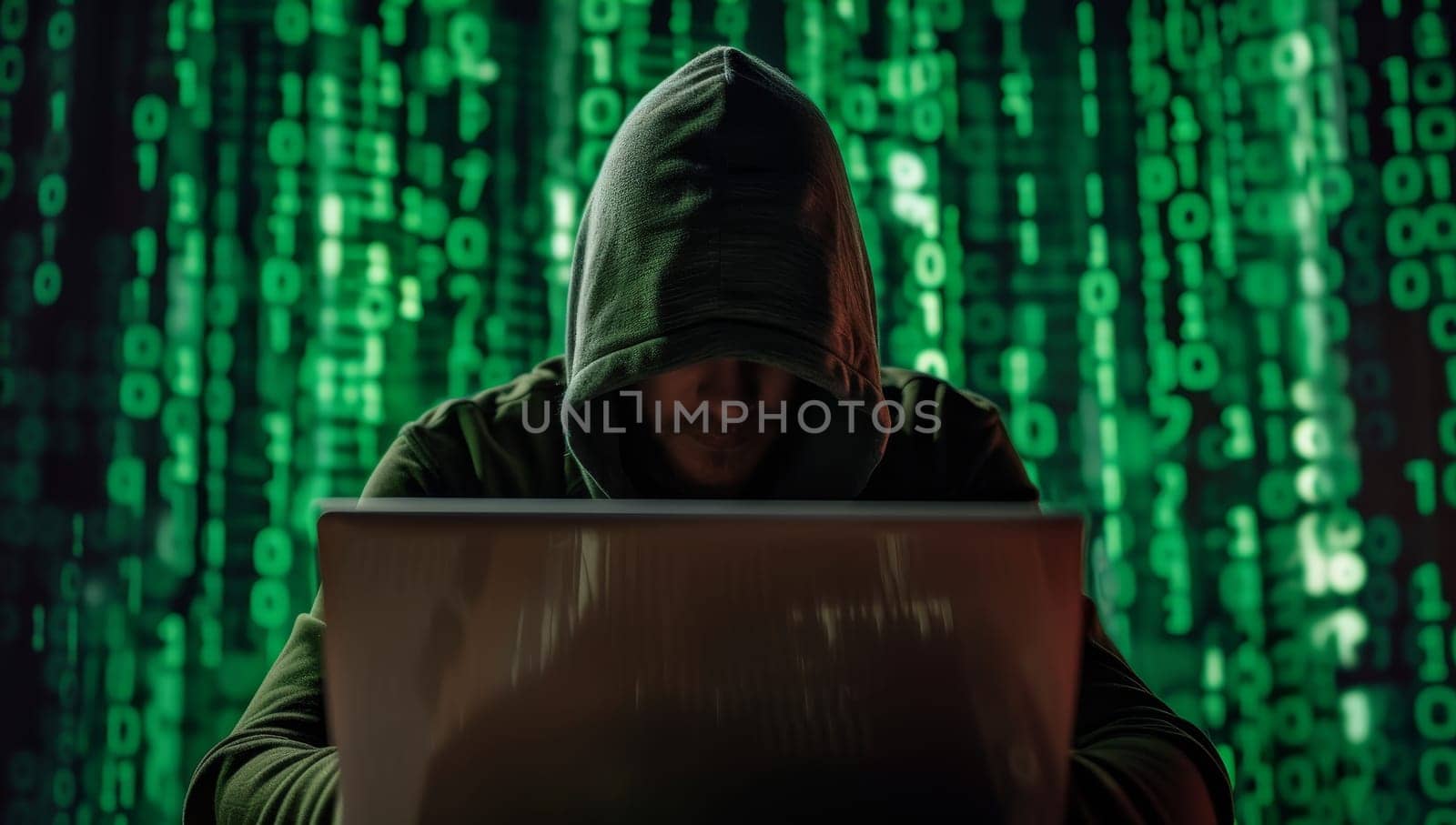 Hooded hacker using laptop against green binary code on black background