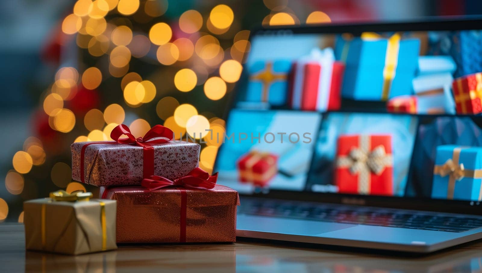 Laptop with gift boxes on table in front of christmas tree