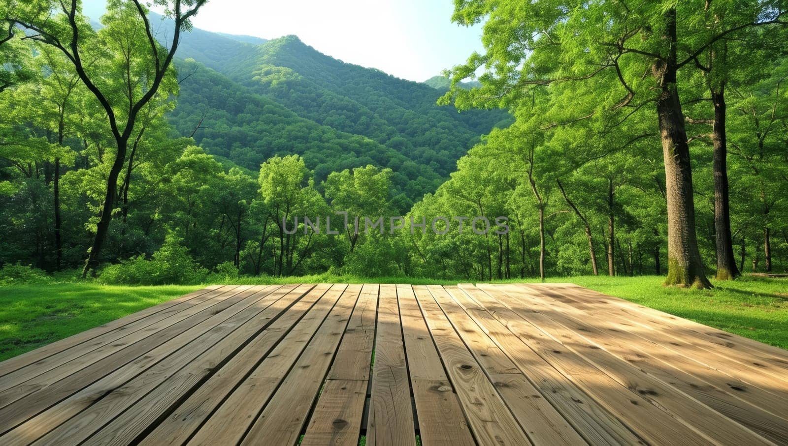 Wooden floor in the green forest with mountains and trees in the background