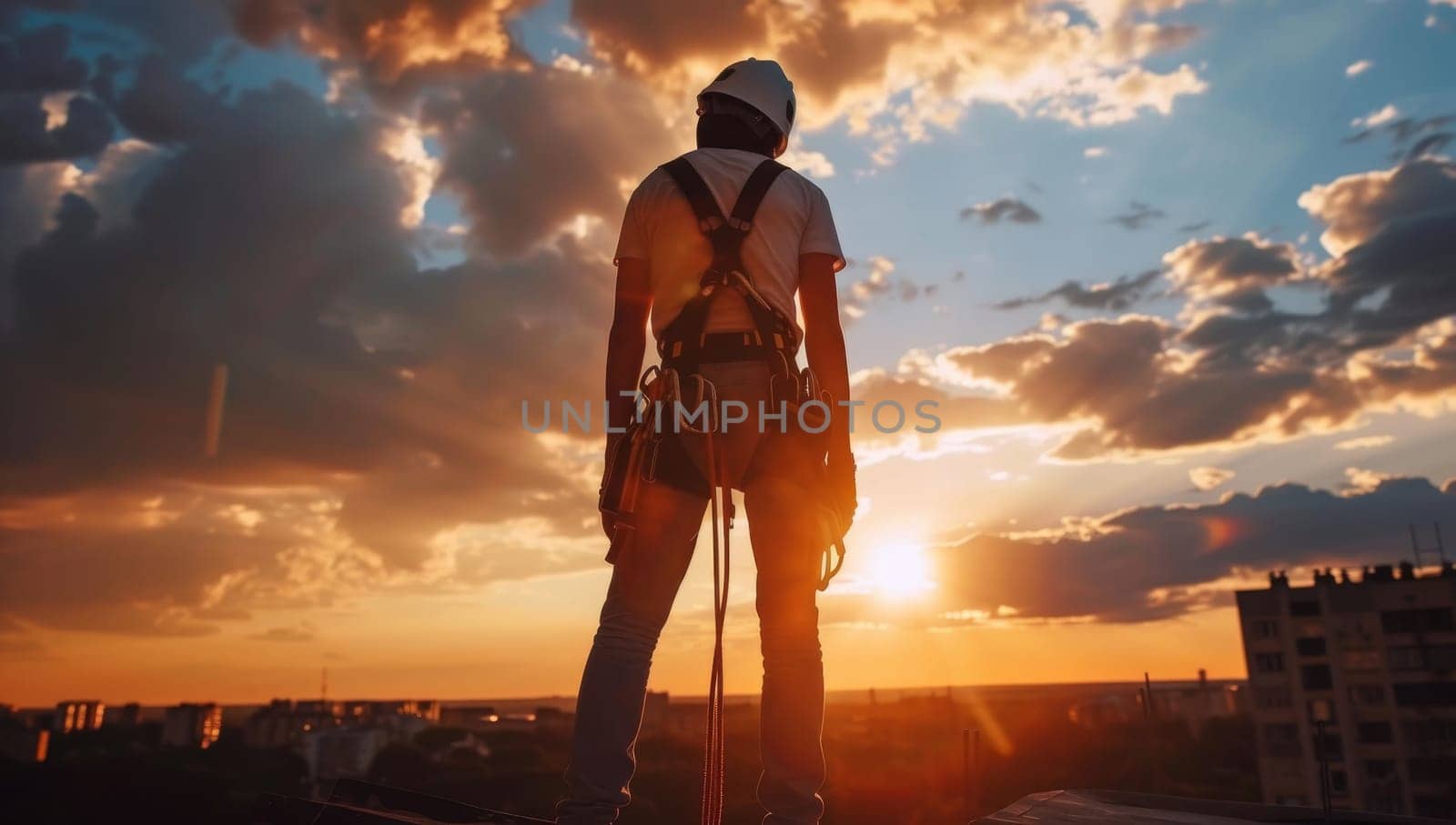 Silhouetted construction worker against dramatic sunset sky by ailike