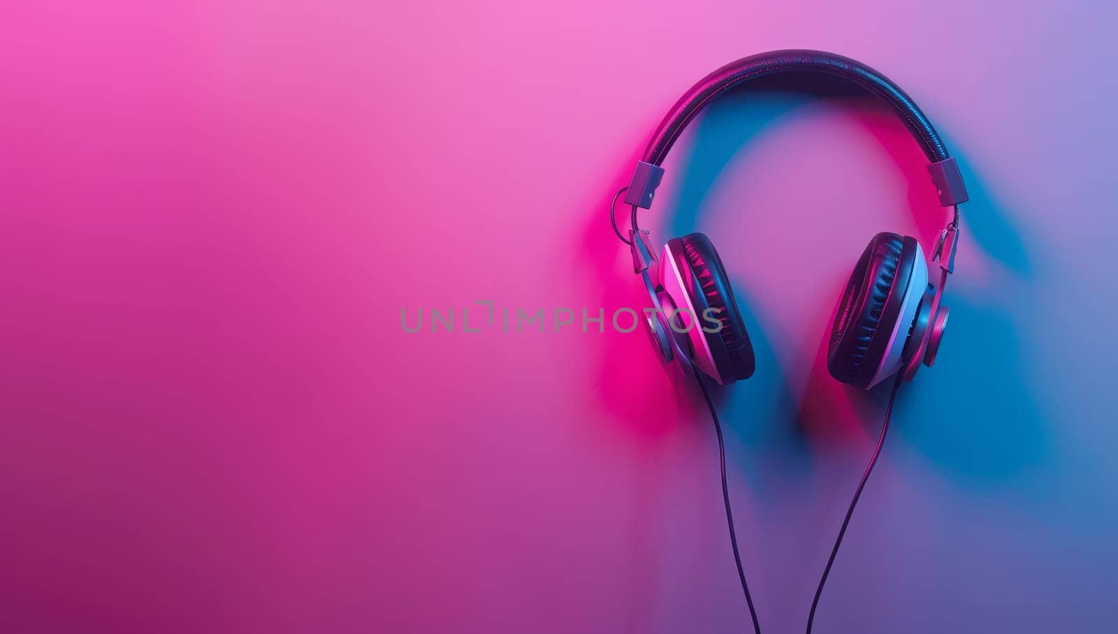 Black headphones on vibrant pink blue gradient