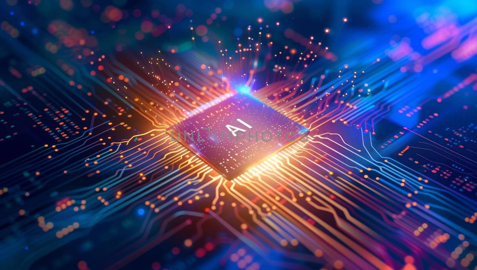 Illuminated AI chip on a complex circuit board