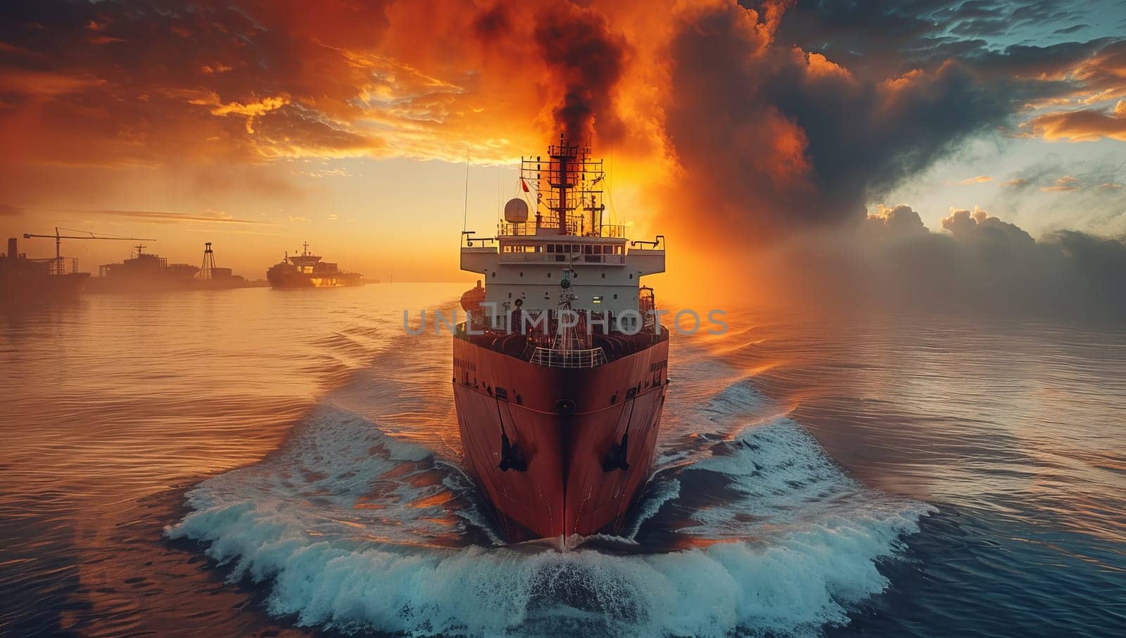 Aerial view of a cargo ship in the sea at sunset