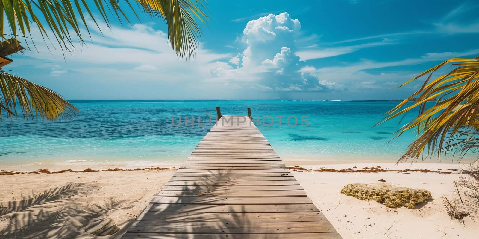 Wooden pier on tropical beach with palm trees, blue sky and white sand by ailike