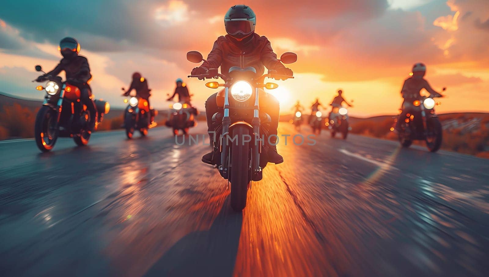Motorcyclists riding on the road at sunset. Biker on a motorcycle. by ailike