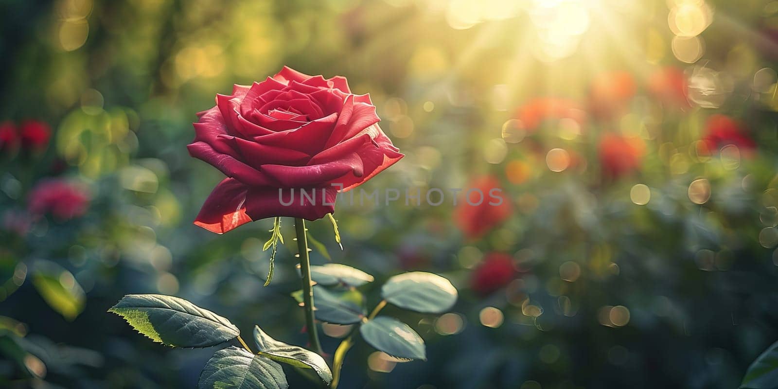 Beautiful red rose flower in the garden with sun light background. by ailike