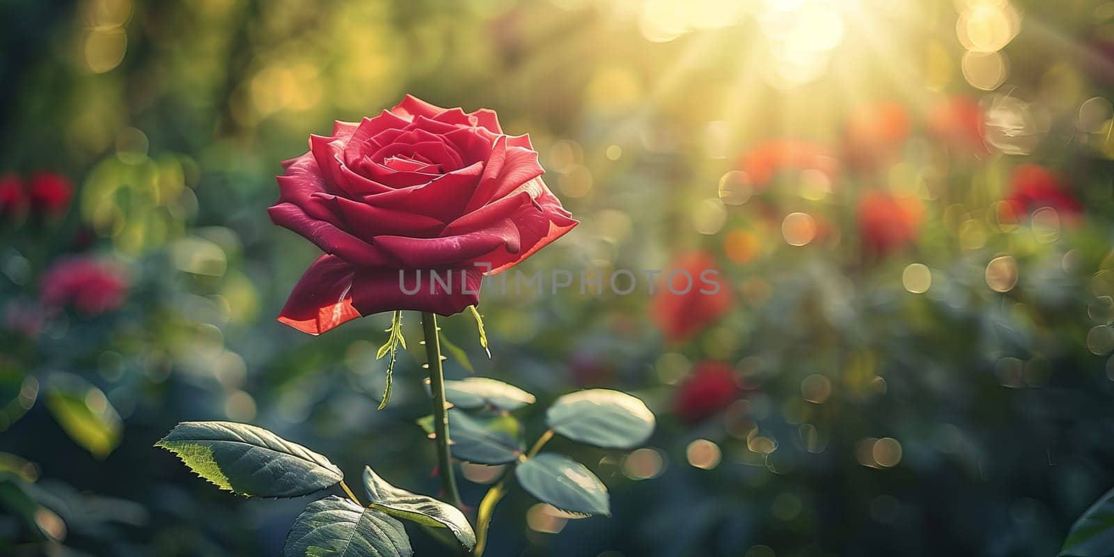 Beautiful red rose flower in the garden with sun light background.