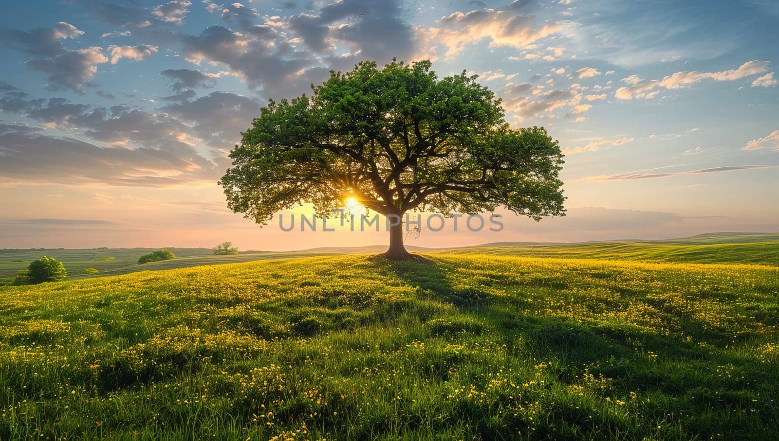 Beautiful summer landscape with lonely tree on green meadow at sunset