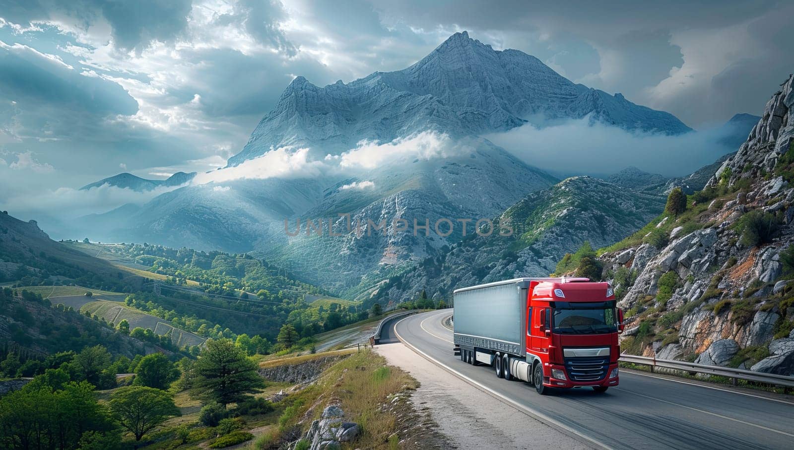 Truck on the road in the mountains.