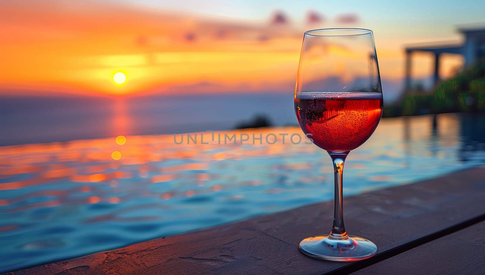 Wine glass on swimming pool with beautiful view of sea and sunset by ailike