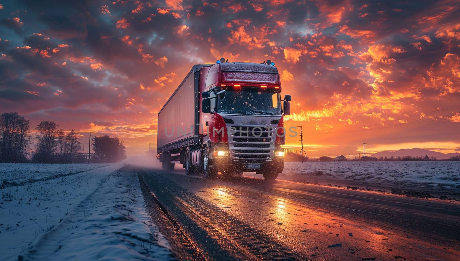 Truck on the road at sunset. Freight transportation and logistics by ailike
