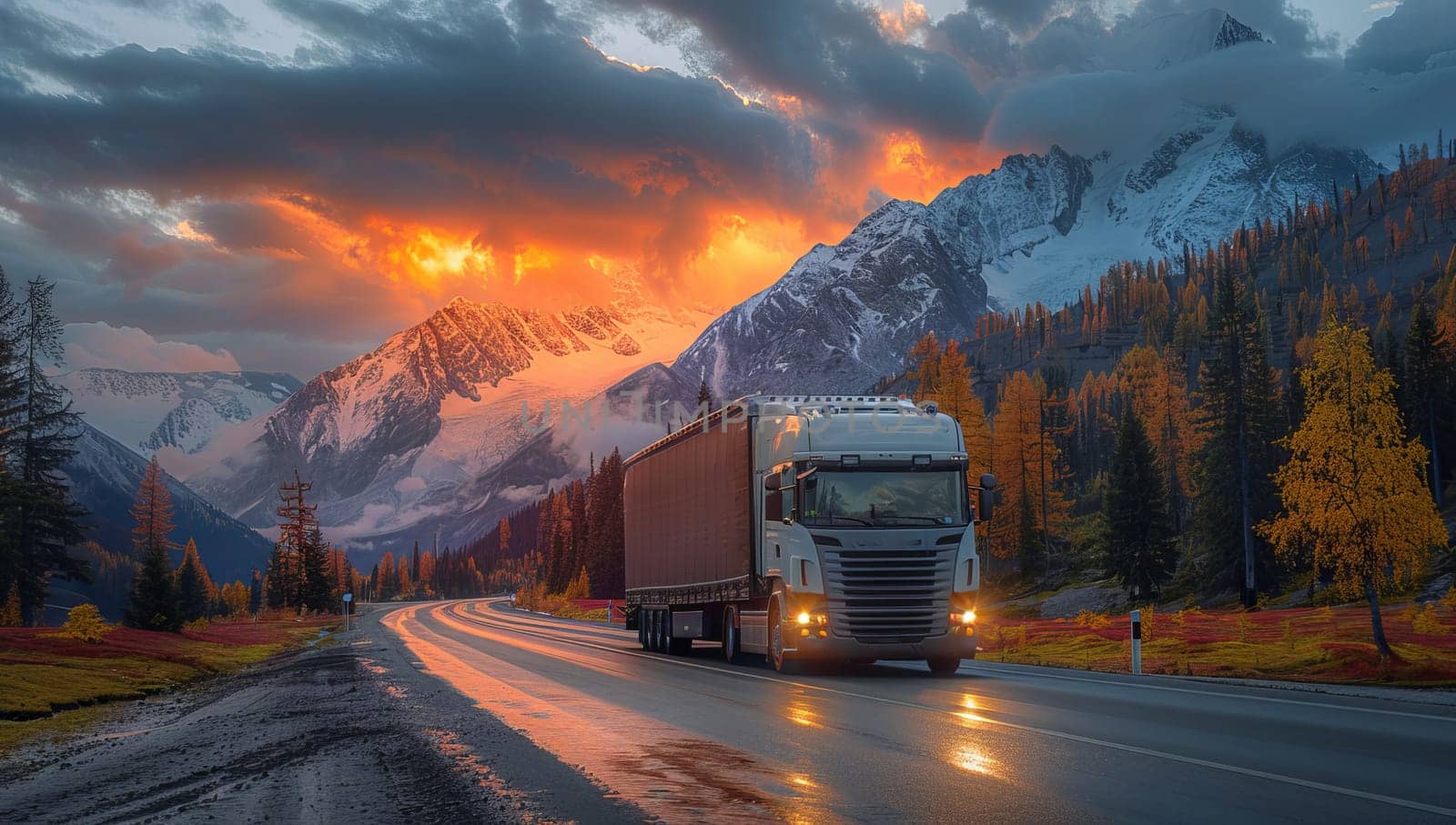 Truck traversing mountainous terrain during a picturesque sunset by ailike