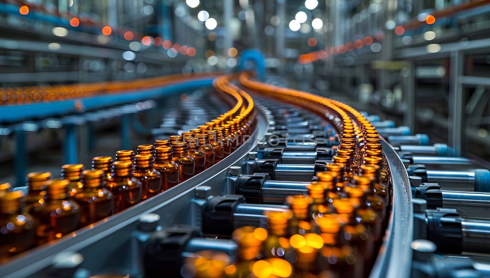 Conveyor belt with bottles on the production line. Industrial background