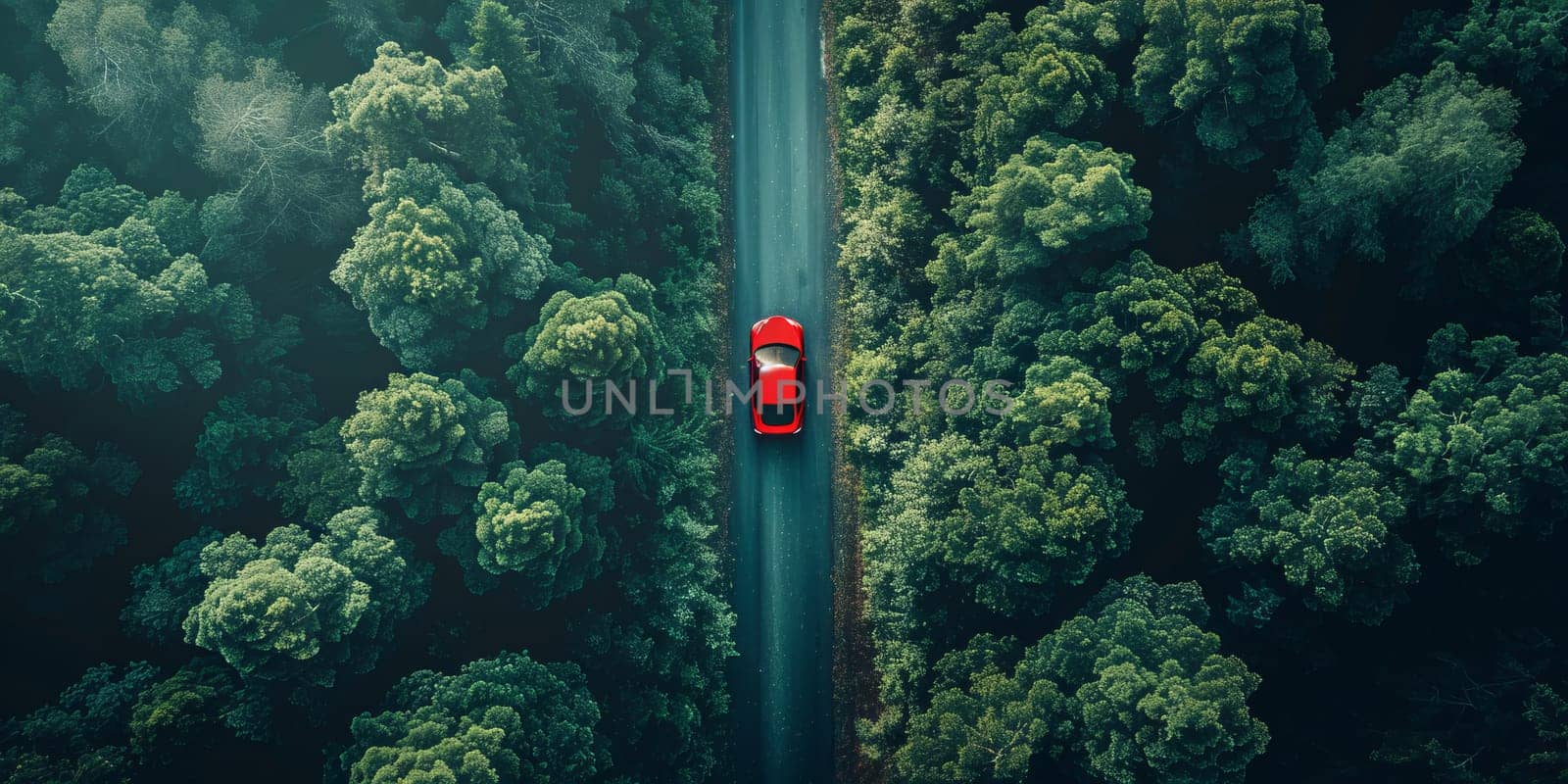 Aerial view of red car driving on the road in the forest by ailike