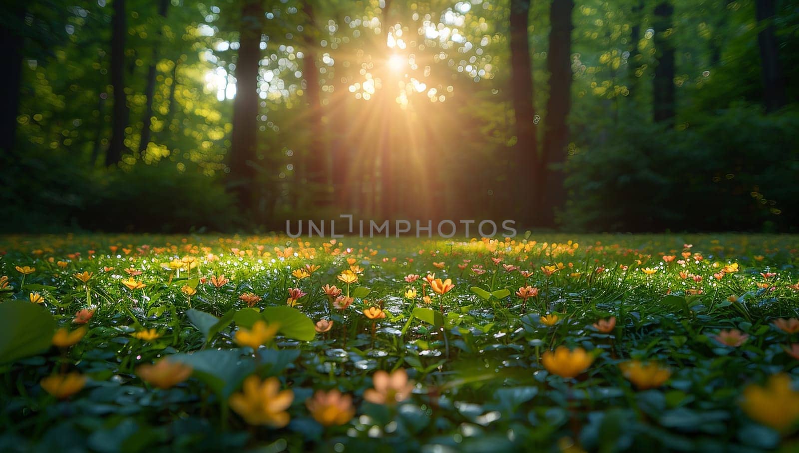 Sunset in the forest. Sunlight through the trees and flowers.