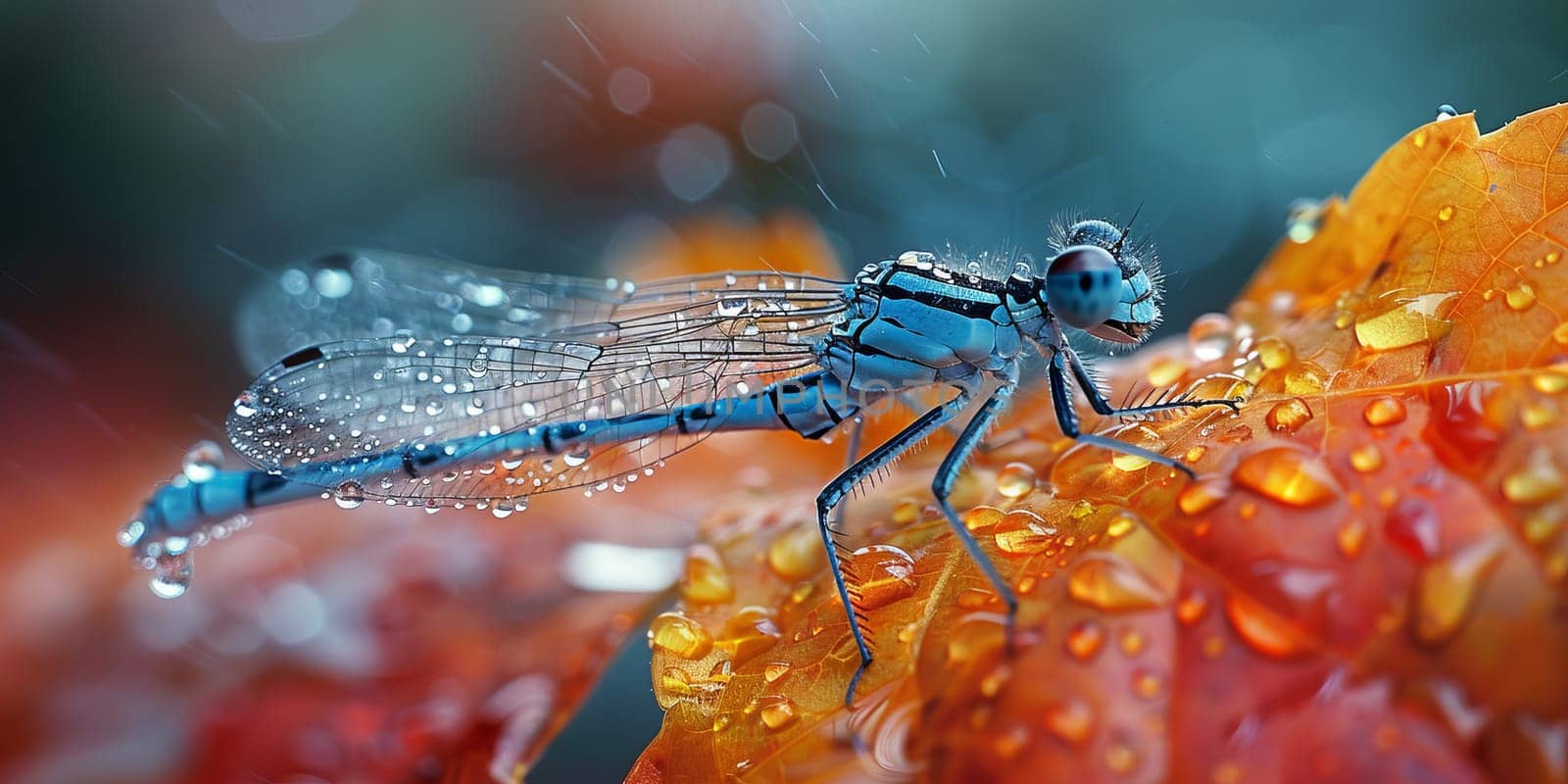 Blue dragonfly on a red leaf with drops of dew. by ailike