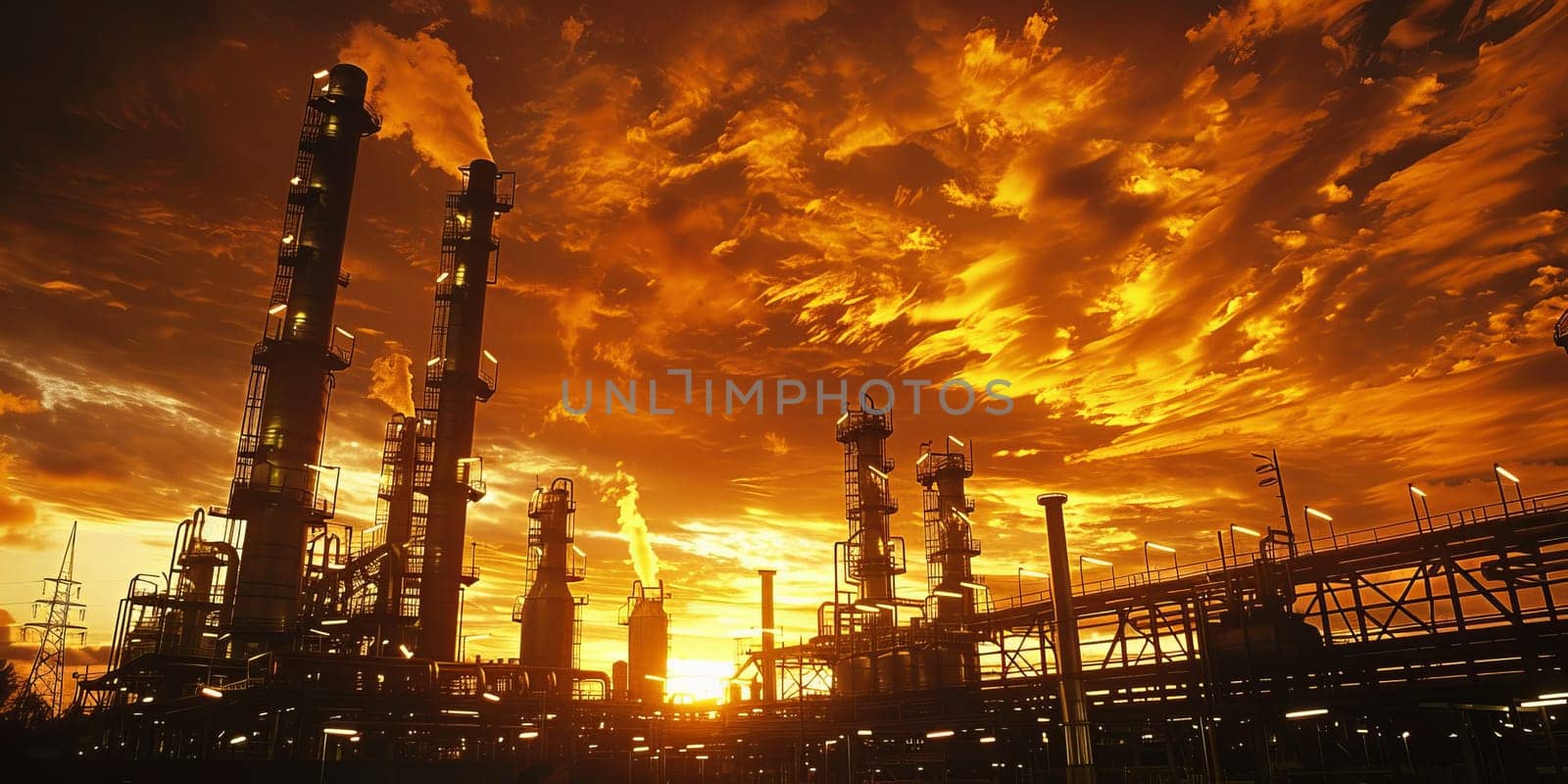 Oil refinery at sunset, petrochemical plant, petrochemical industry