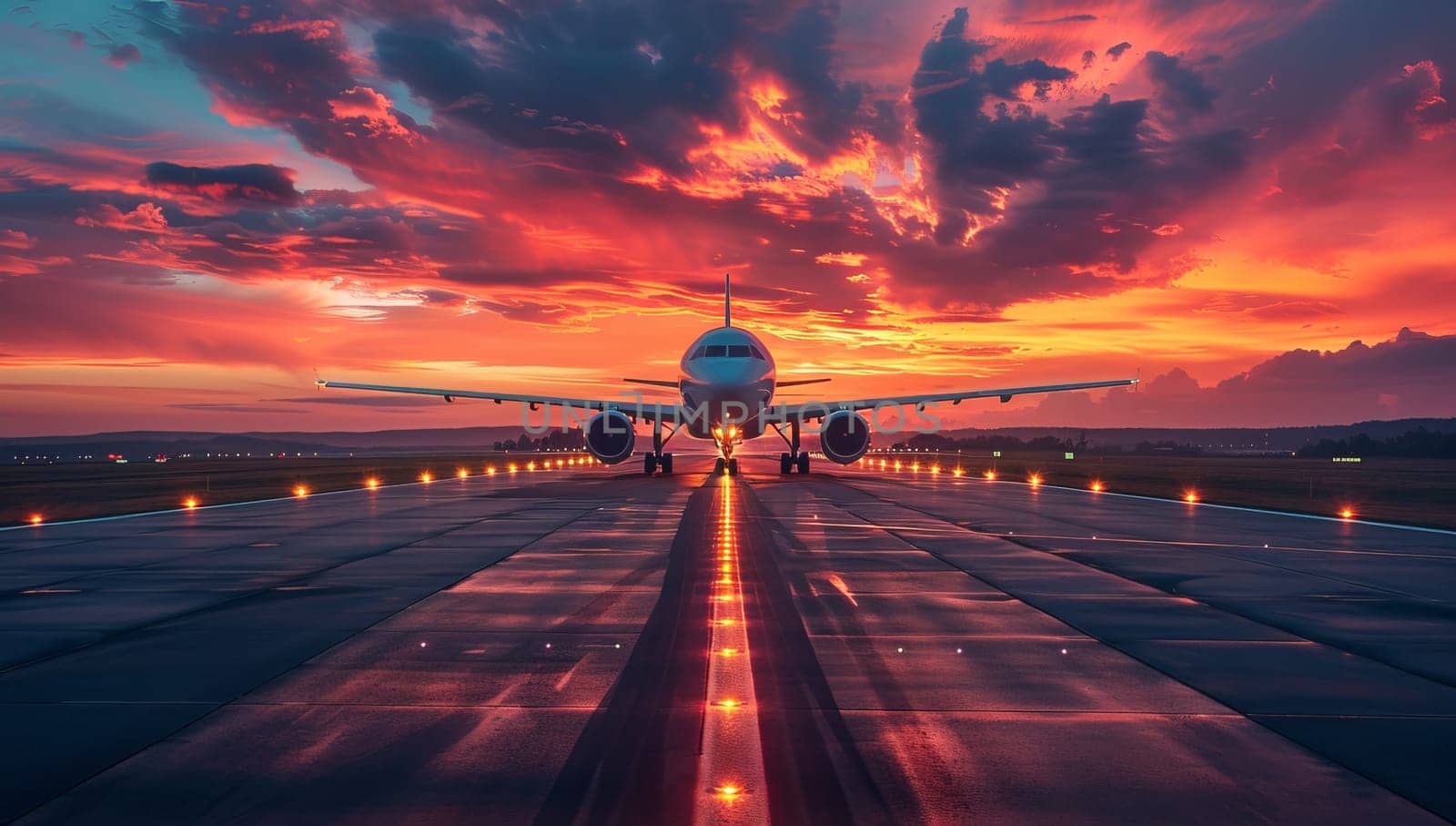 Airplane on the runway of the airport with a beautiful sunset. by ailike