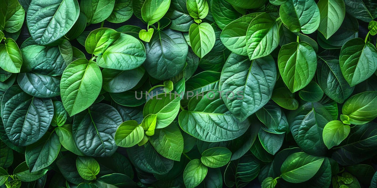 Green leaves background. Top view of fresh green leaves texture. Nature background. by ailike