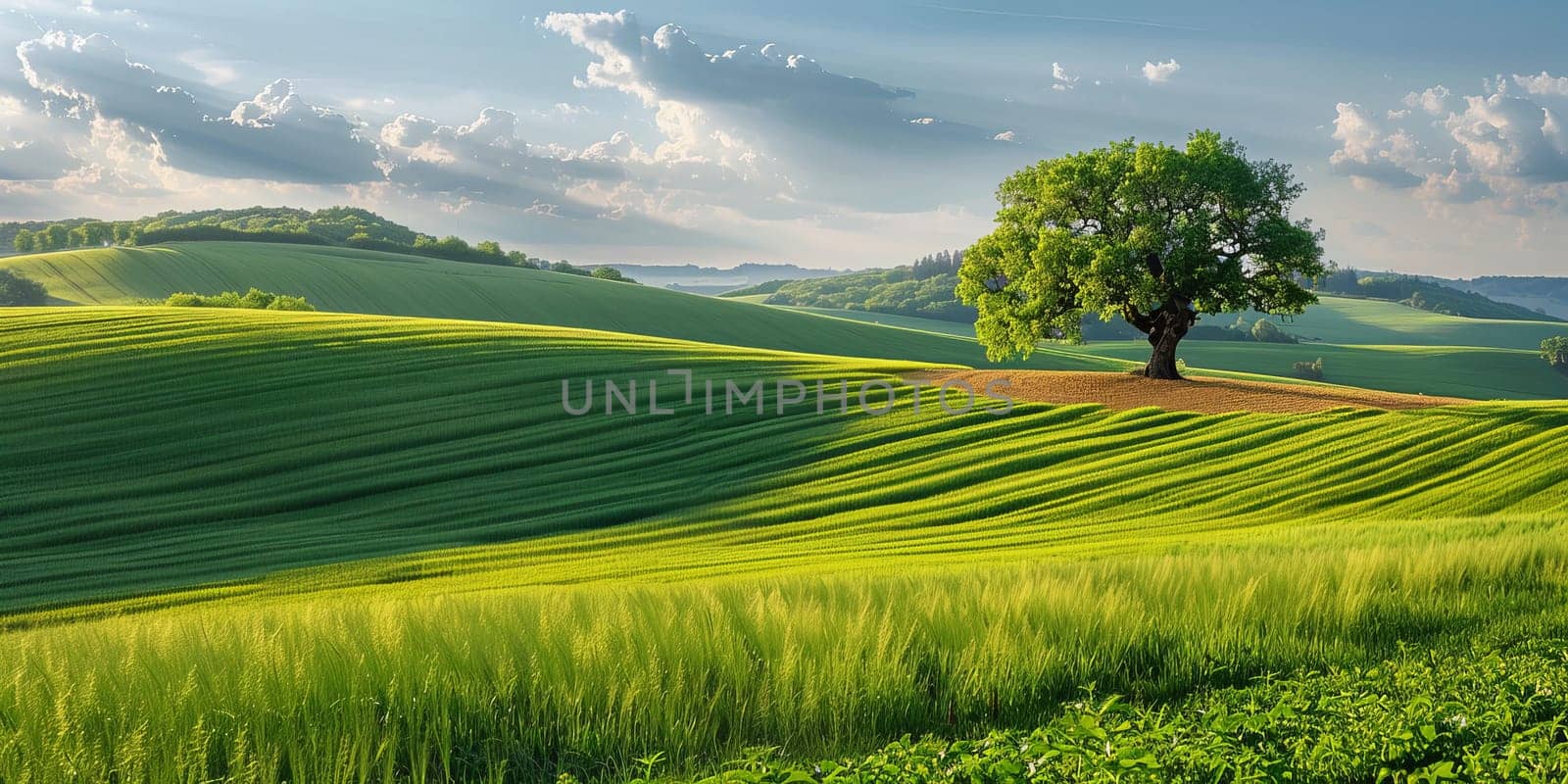 Breathtaking view of lush rolling green fields under a clear blue sky with a solitary robust tree by ailike