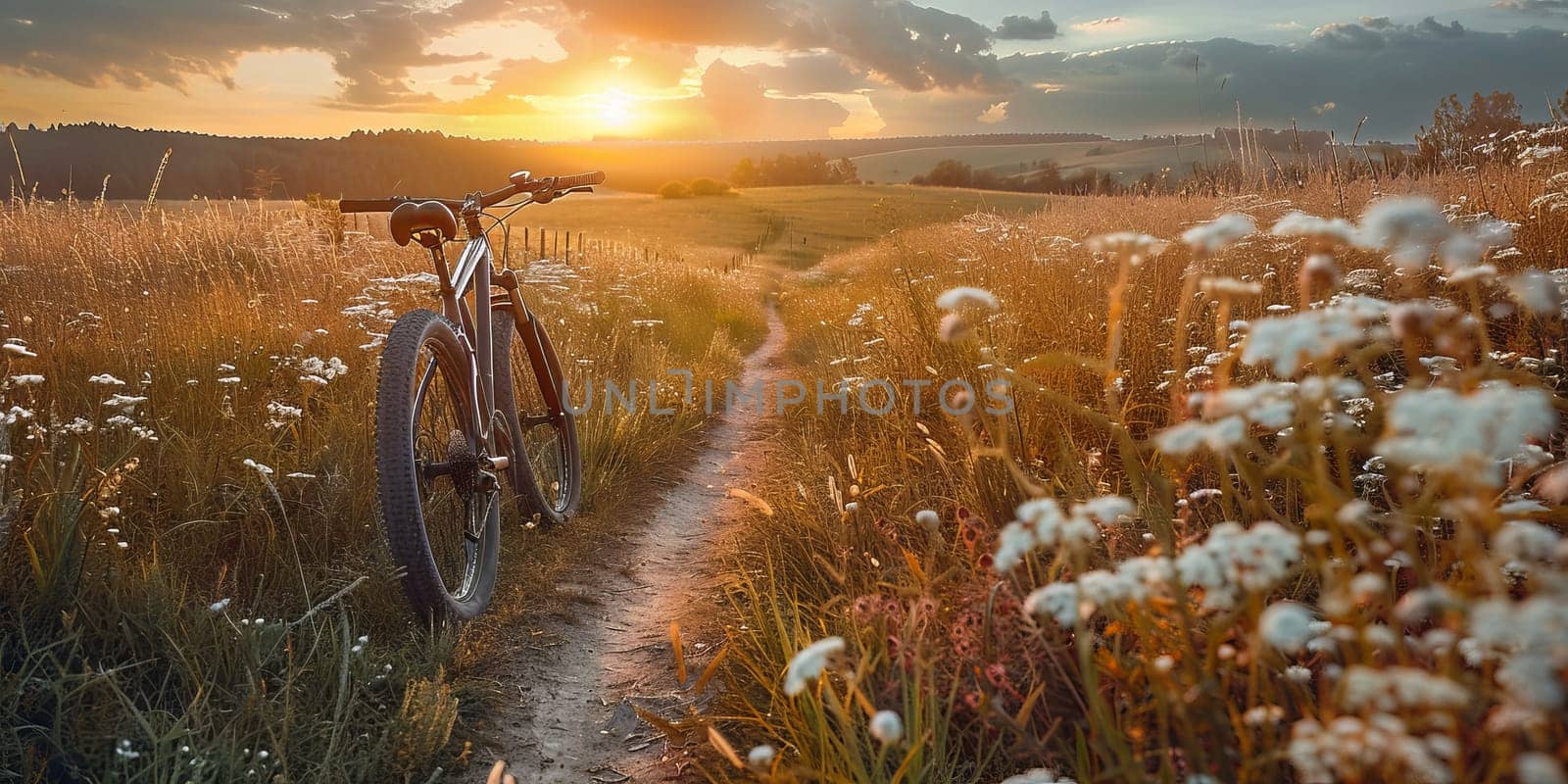 Bicycle in the meadow at sunset. Beautiful summer landscape. by ailike