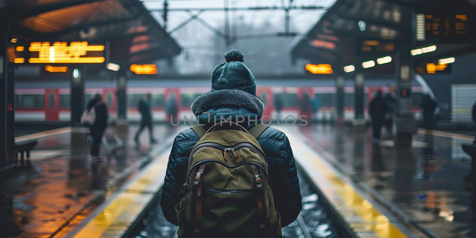 Traveler with backpack waiting for train at railway station by ailike