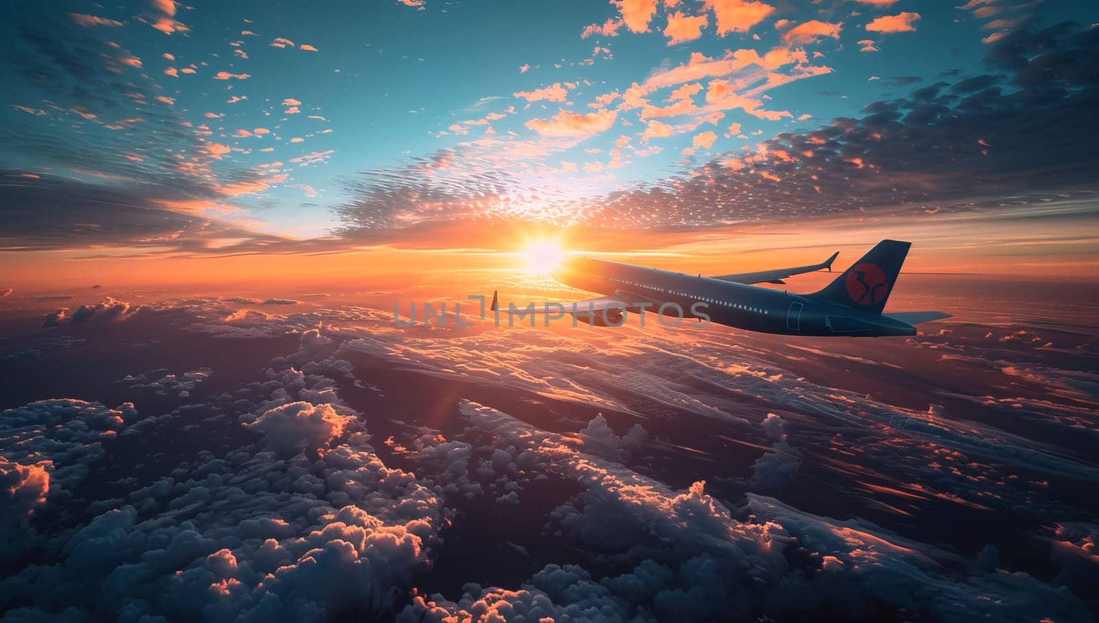 Airplane silhouetted against a vibrant sunset above the clouds