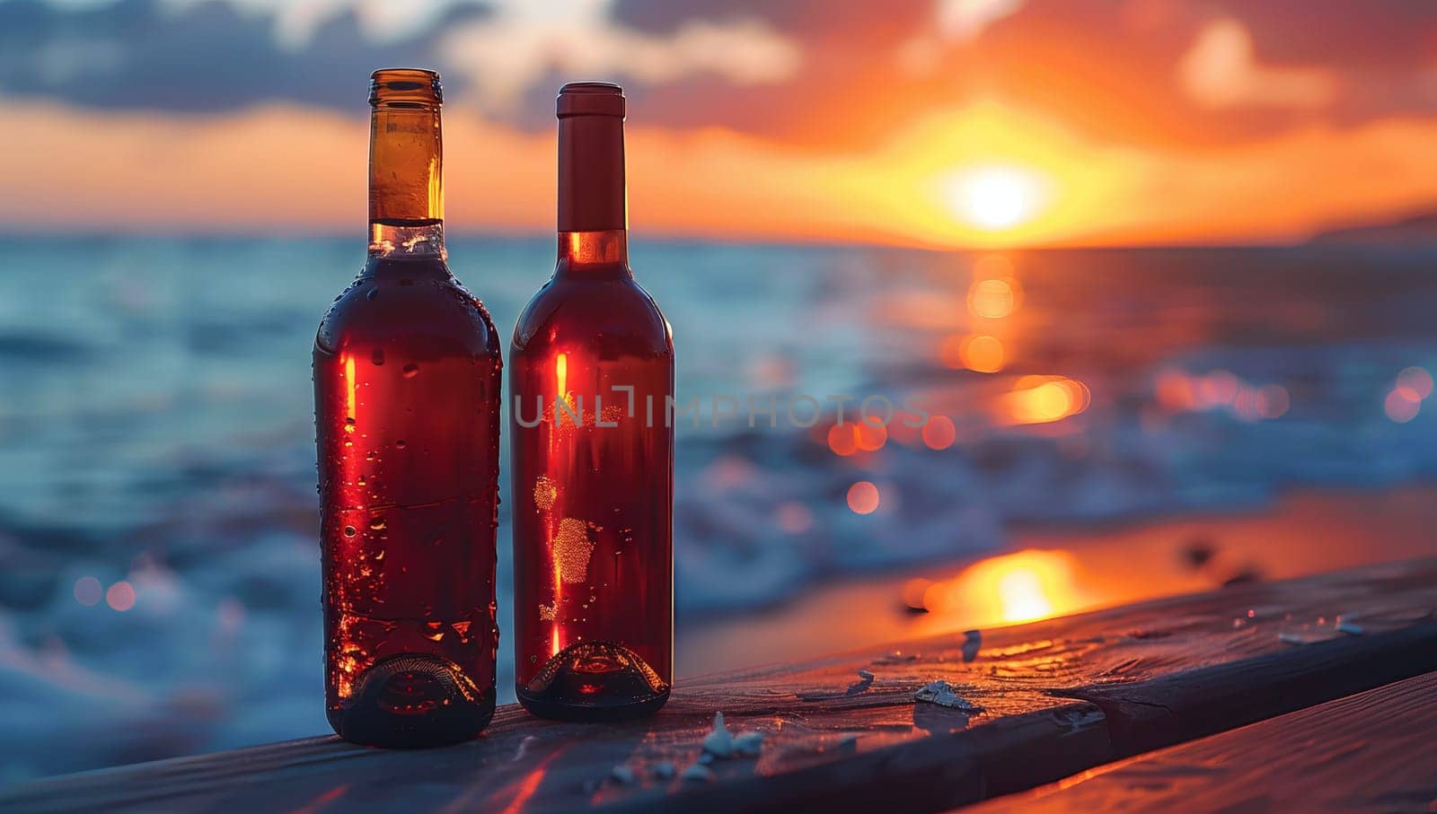 Two bottles of wine on the background of the sea and sunset.